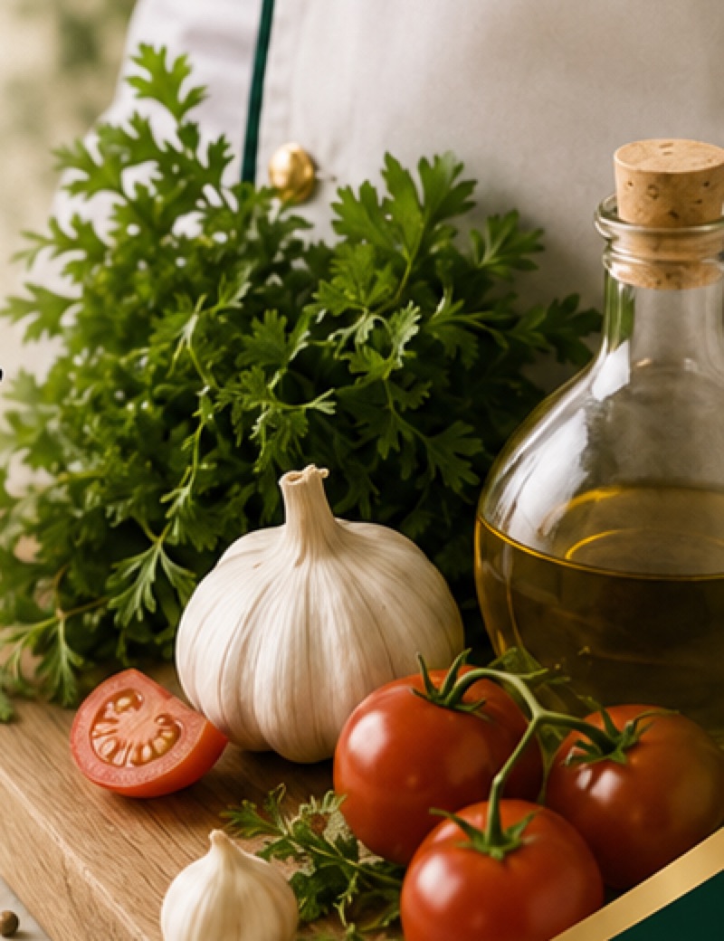 Garlic, tomatoes, parsley and olive oil on a wooden board beside a chef's jacket