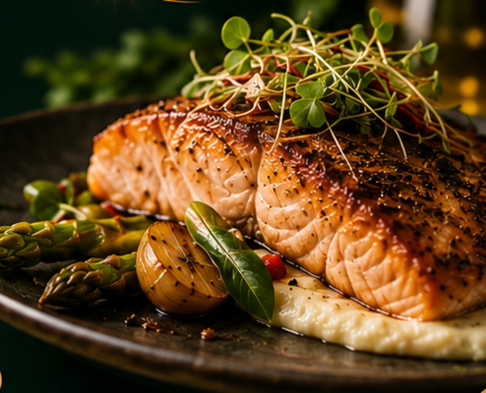 Seared salmon fillet plated with asparagus, confit onion and purée