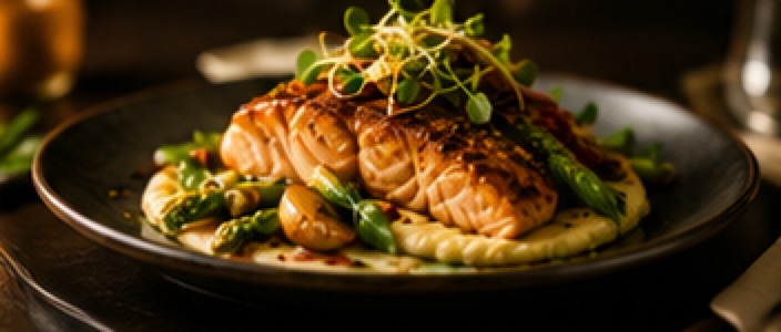 Seared salmon plated with asparagus and micro herbs