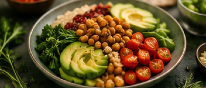 Grain bowl with avocado, chickpeas and tomatoes