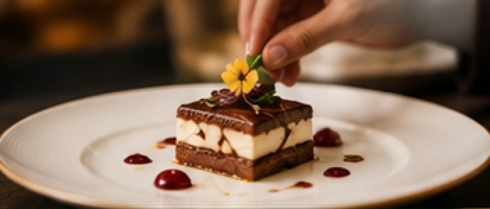 Chef garnishing a layered chocolate dessert